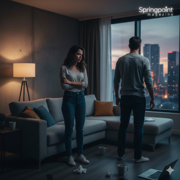 A tense indoor scene in a modern apartment at dusk featuring a couple in a state of emotional disconnect. A woman stands with her arms crossed, looking away with a distressed and pained expression. A man stands with his back to her, staring out of a large window at a city skyline. The room is dimly lit, with scattered tissues and a laptop on the floor, symbolizing a recent heated argument and the subsequent "silent treatment" or "cooling period." The Springpoint Magazine logo is visible in the top right corner.