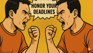 A pop-art, comic-style illustration featuring two identical men facing each other in a heated confrontation, representing an internal struggle. Both men have aggressive expressions and clenched fists, wearing orange t-shirts against a yellow halftone dot background. Between them, a jagged speech bubble contains the bold text: "HONOR YOUR DEADLINES." The image visually depicts the psychological challenge of maintaining personal integrity and self-discipline in a professional or entrepreneurial context.