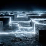 A digital ecosystem grid resembling an ancient stone city with glowing blue movement lines representing the future of work.