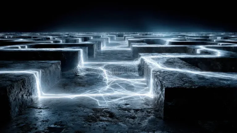 A digital ecosystem grid resembling an ancient stone city with glowing blue movement lines representing the future of work.