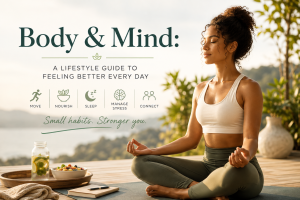 Woman meditating outdoors as part of a body and mind wellness lifestyle focused on movement, nutrition, sleep, stress management, and mental wellbeing.