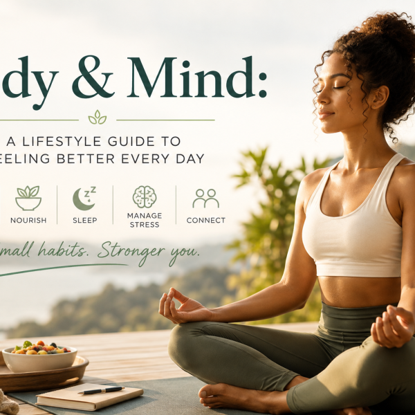 Woman meditating outdoors as part of a body and mind wellness lifestyle focused on movement, nutrition, sleep, stress management, and mental wellbeing.