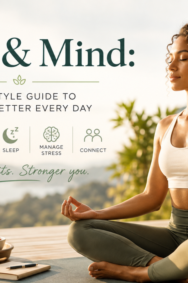 Woman meditating outdoors as part of a body and mind wellness lifestyle focused on movement, nutrition, sleep, stress management, and mental wellbeing.