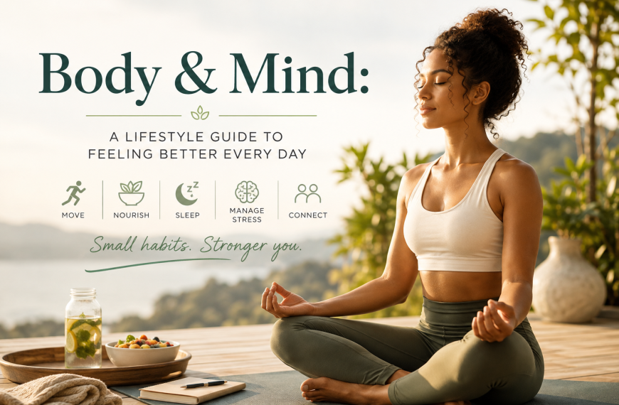 Woman meditating outdoors as part of a body and mind wellness lifestyle focused on movement, nutrition, sleep, stress management, and mental wellbeing.