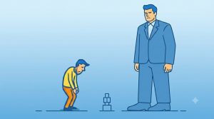A flat vector illustration in blue, yellow, and orange depicting a small, stooped man in a yellow shirt and orange pants looking defeated next to a massive, imposing man in a suit towering over him against a blue gradient background.
