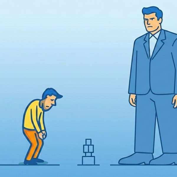A flat vector illustration in blue, yellow, and orange depicting a small, stooped man in a yellow shirt and orange pants looking defeated next to a massive, imposing man in a suit towering over him against a blue gradient background.
