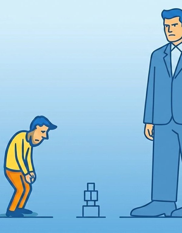 A flat vector illustration in blue, yellow, and orange depicting a small, stooped man in a yellow shirt and orange pants looking defeated next to a massive, imposing man in a suit towering over him against a blue gradient background.