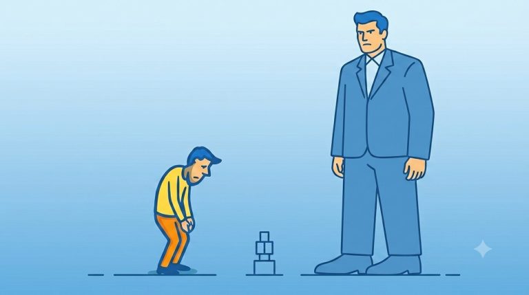 A flat vector illustration in blue, yellow, and orange depicting a small, stooped man in a yellow shirt and orange pants looking defeated next to a massive, imposing man in a suit towering over him against a blue gradient background.