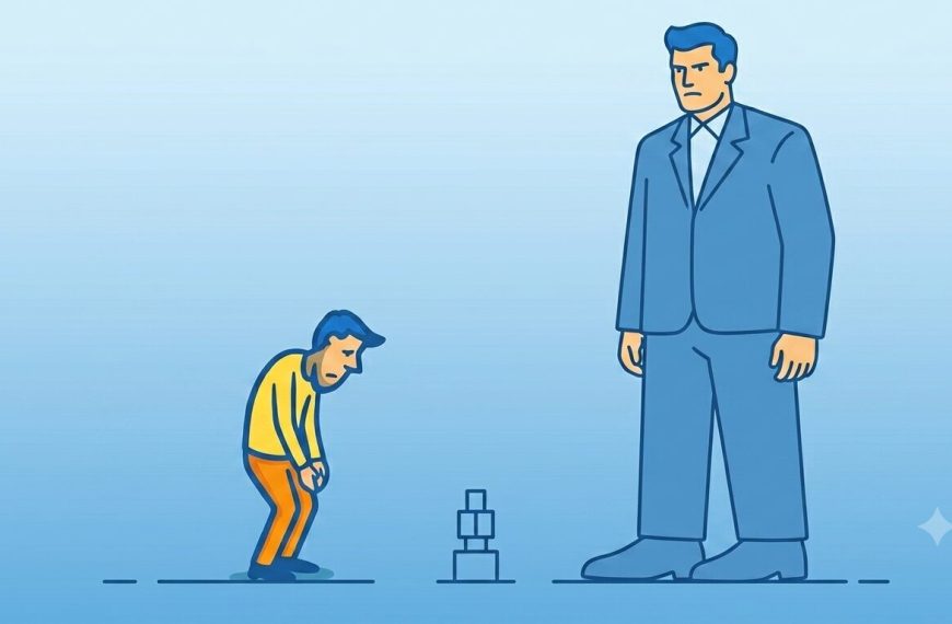 A flat vector illustration in blue, yellow, and orange depicting a small, stooped man in a yellow shirt and orange pants looking defeated next to a massive, imposing man in a suit towering over him against a blue gradient background.