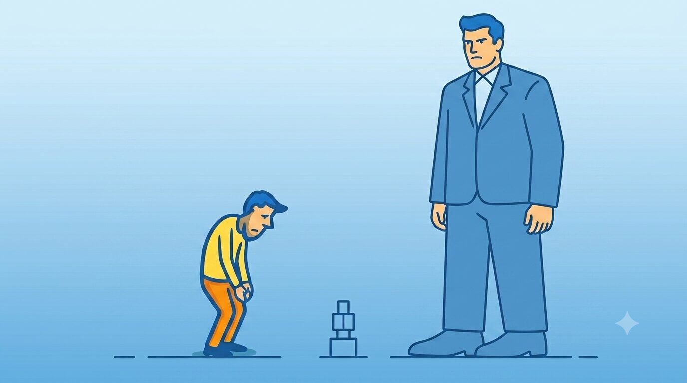 A flat vector illustration in blue, yellow, and orange depicting a small, stooped man in a yellow shirt and orange pants looking defeated next to a massive, imposing man in a suit towering over him against a blue gradient background.
